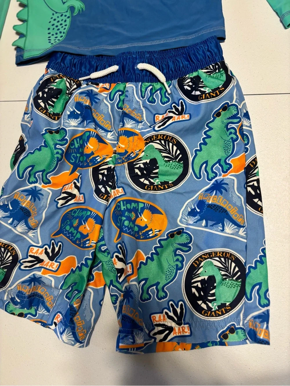 Gymboree Blue & Green Dinosaur Rashguard Swim Set with Orange Collar